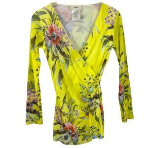 John Galliano Fuzzi Yellow Multi Colored Y2K Mesh Long Sleeve Wrap Top L
